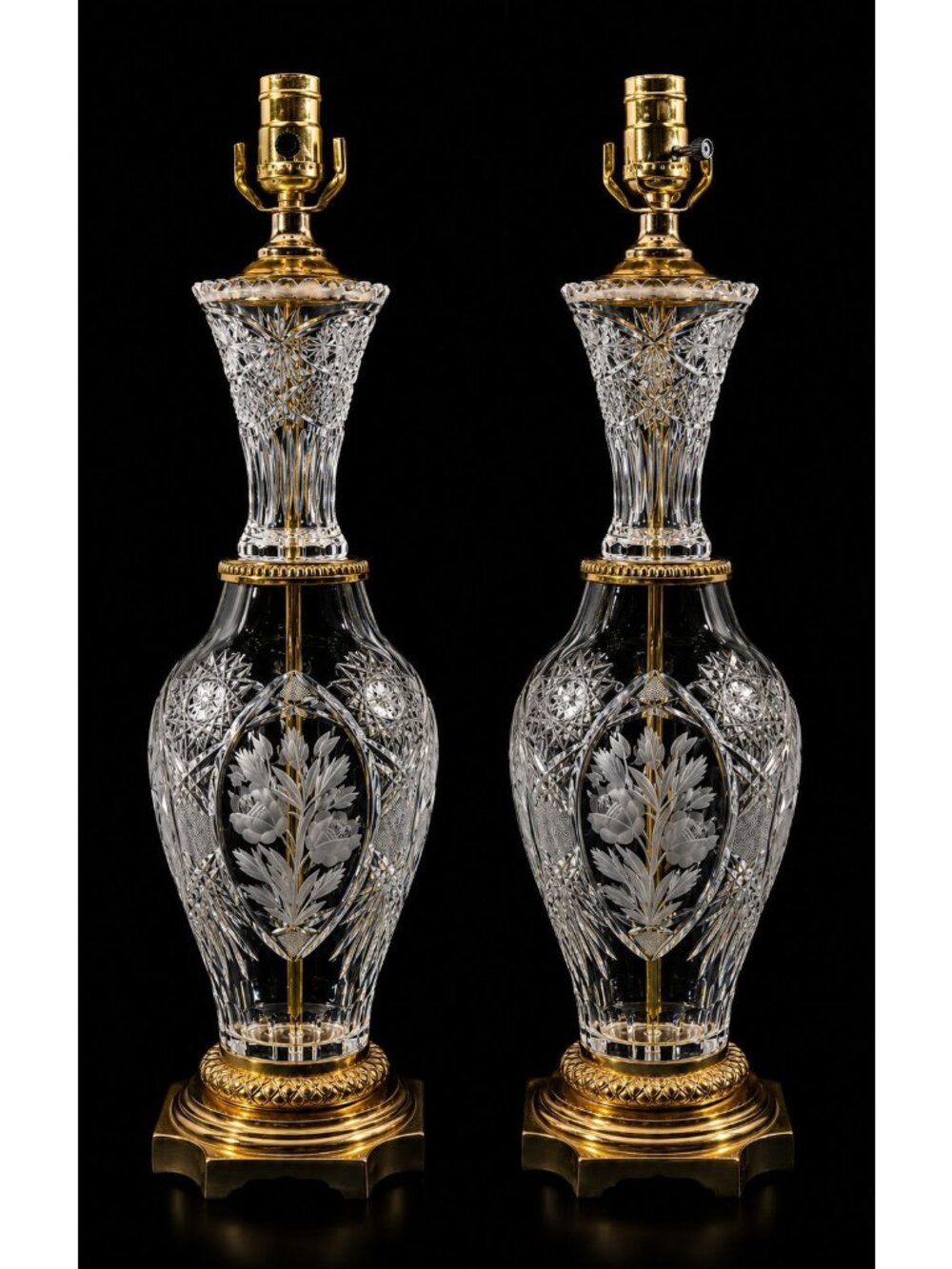 2 Vintage MCM Hollywood Regency Bohemian Crystal Brass Tiered Buffet Table Lamps
